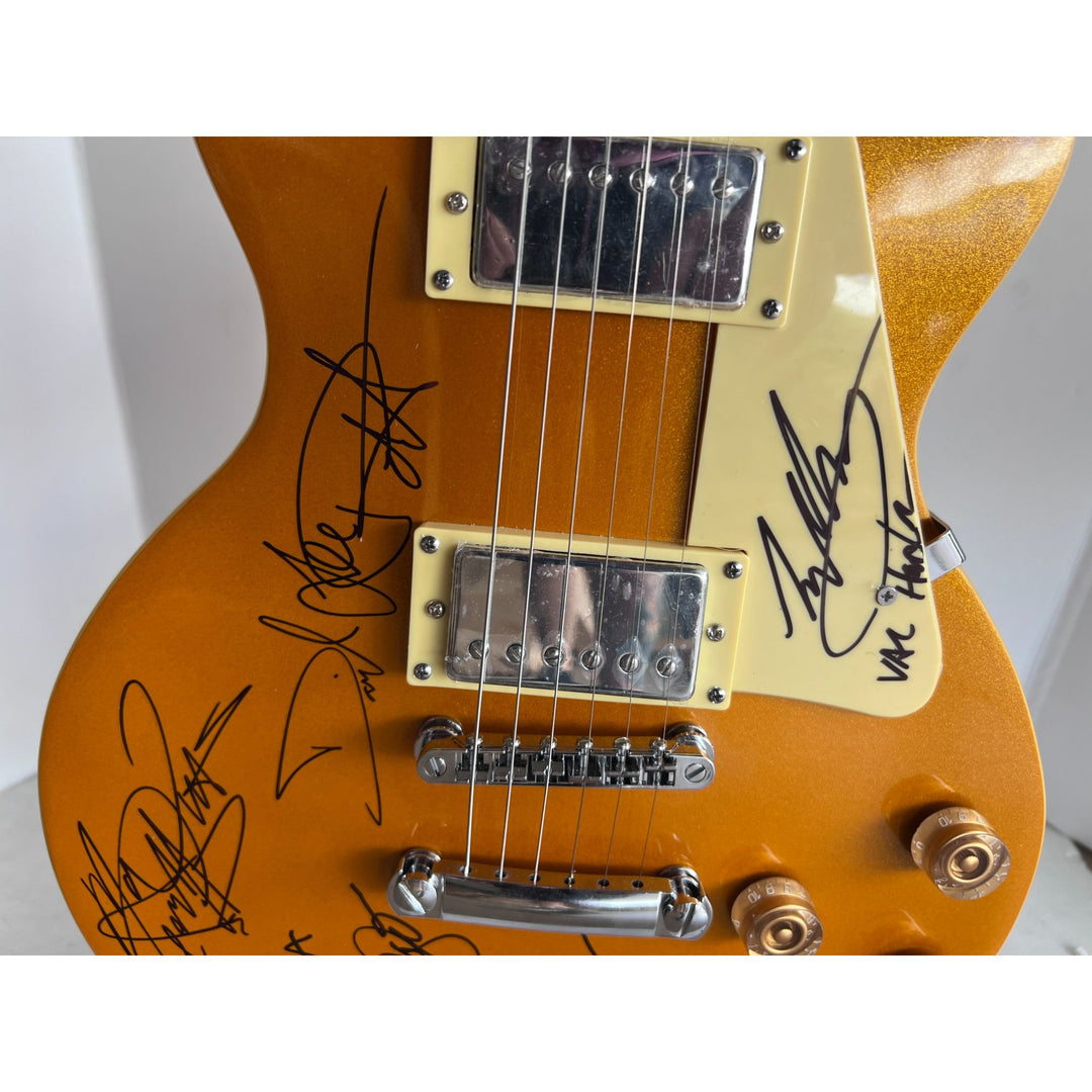 Eddie Van Halen David Lee Roth Sammy Hagar Van Halen Gold Les Paul electric guitar signed with proof