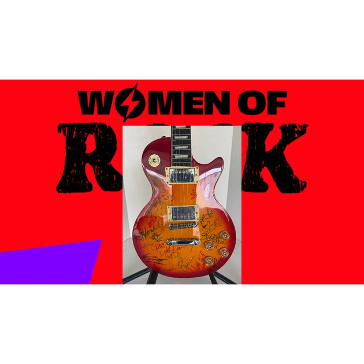 Madonna Tina Turner Stevie Nicks 20 plus women of rock full size Cherry Les Paul electric guitar signed with proof.