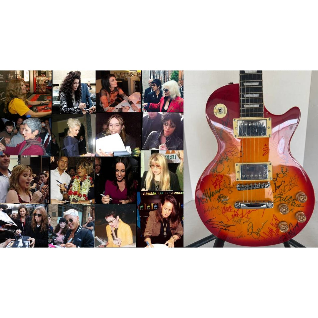 Madonna Tina Turner Stevie Nicks 20 plus women of rock full size Cherry Les Paul electric guitar signed with proof.