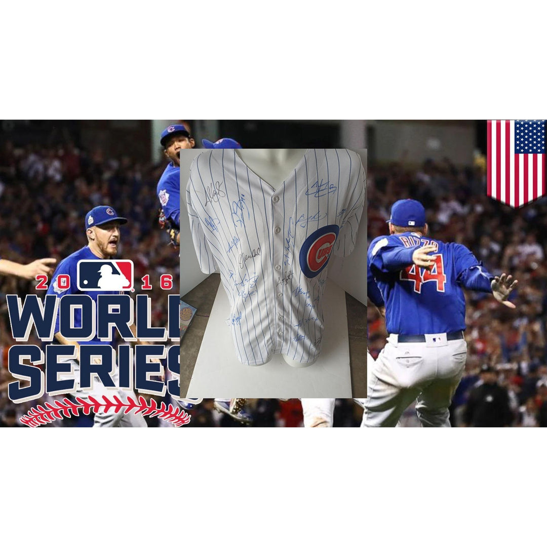 Chicago Cubs world champions Joe Maddon Chris Anthony Rizzo Kris Bryant team signed jersey with proof