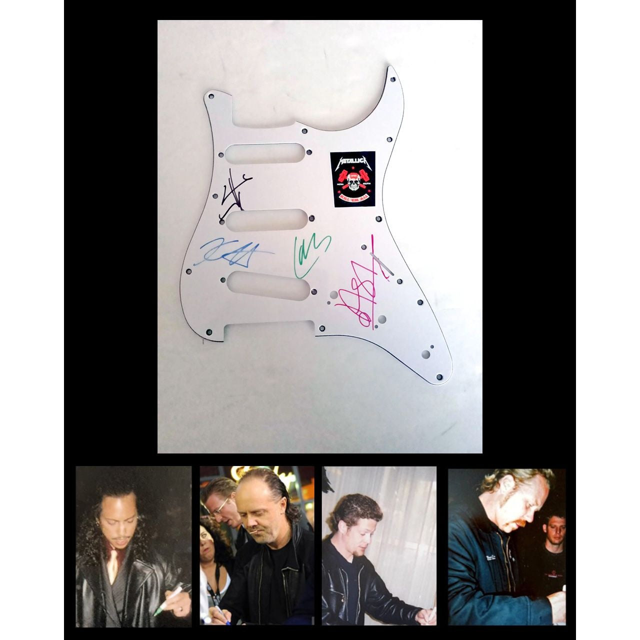 Metallica James Hetfield, Lars Ulrich, Jason Newsted, Kirk Hammett electric guitar pickguard signed with proof