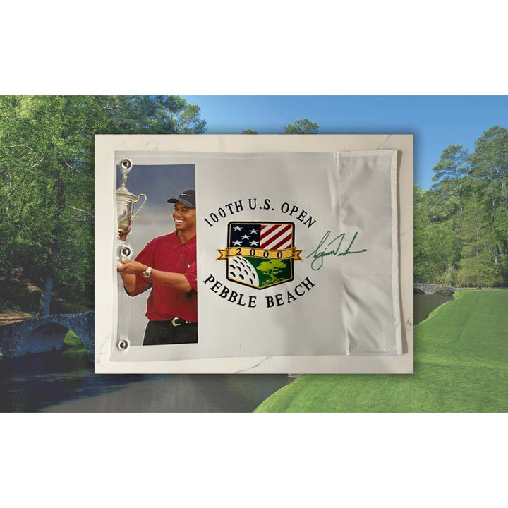 Tiger Woods 2000 US Open One of a Kind pin flag signed with proof