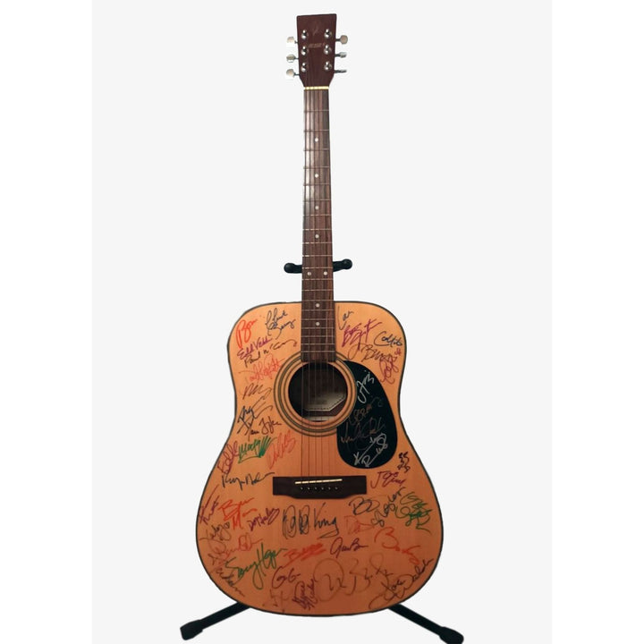 Music Icons Michael Jackson, Paul McCartney, Mick Jagger, Madonna, Bruce Springsteen signed & framed guitar (18x45) with proof