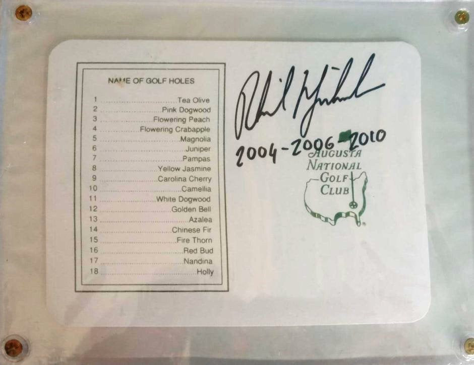Phil Mickelson Masters golf scorecard signed and inscribed with proof