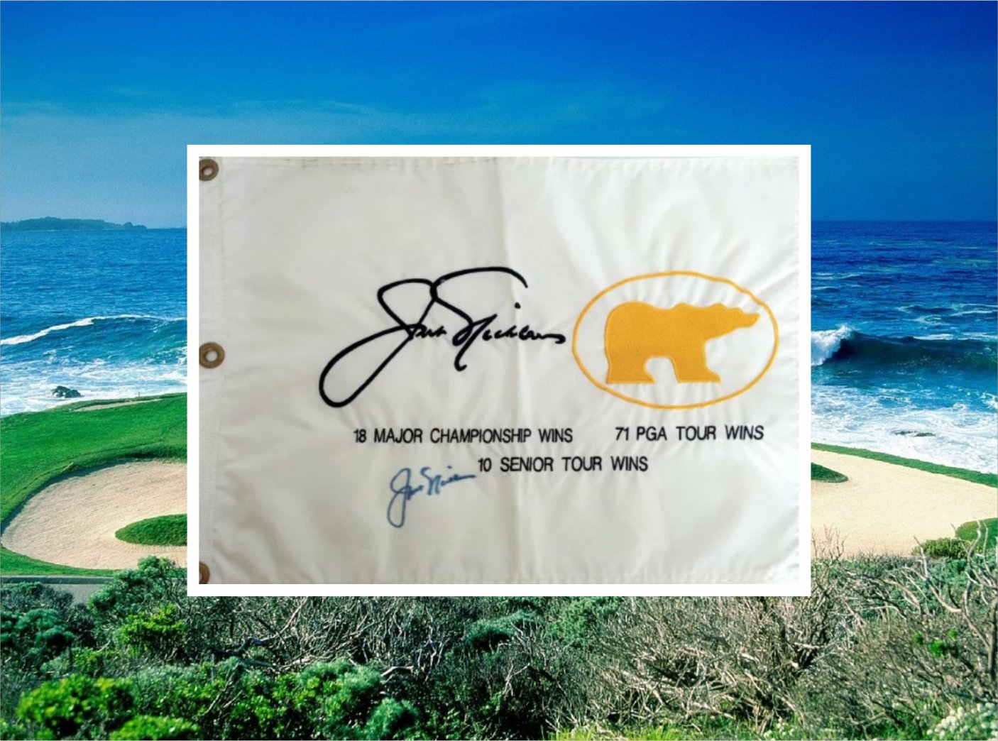 Jack Nicklaus with the embroidered golf flag sign with proof