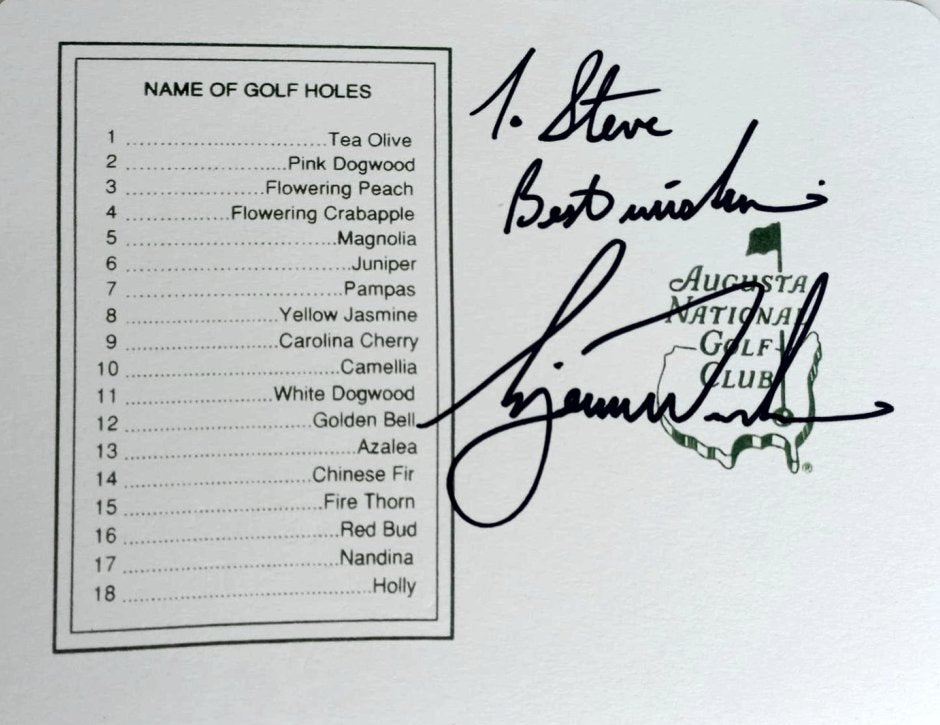 Tiger Woods Masters Golf scorecard signed to Steve