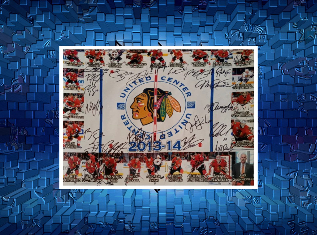 2013-14 Patrick Kane, Patrick Sharp, Corey Crawford, Chicago Blackhawks team signed 16 x 20 photo