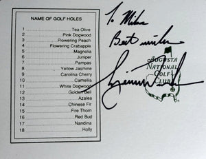 Tiger Woods Masters Golf scorecard signed to Mike
