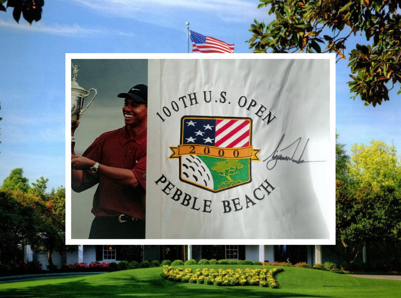 Tiger Woods 100th US Open one-of-a-kind golf embroidered pin flag signed with proof