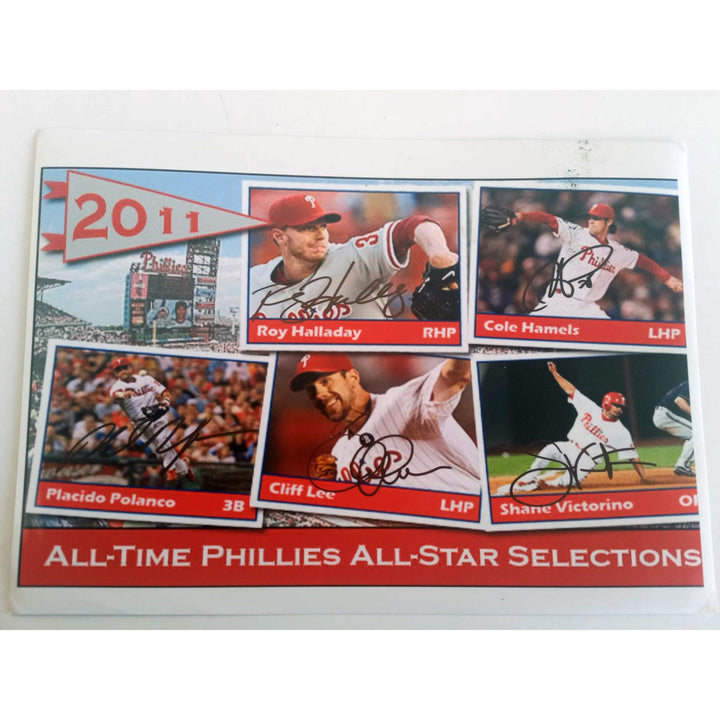 Roy Halladay, Cliff Lee, Cole Hamels, Shane Victorino, Placido Polanco, 8x10 photo signed with proof