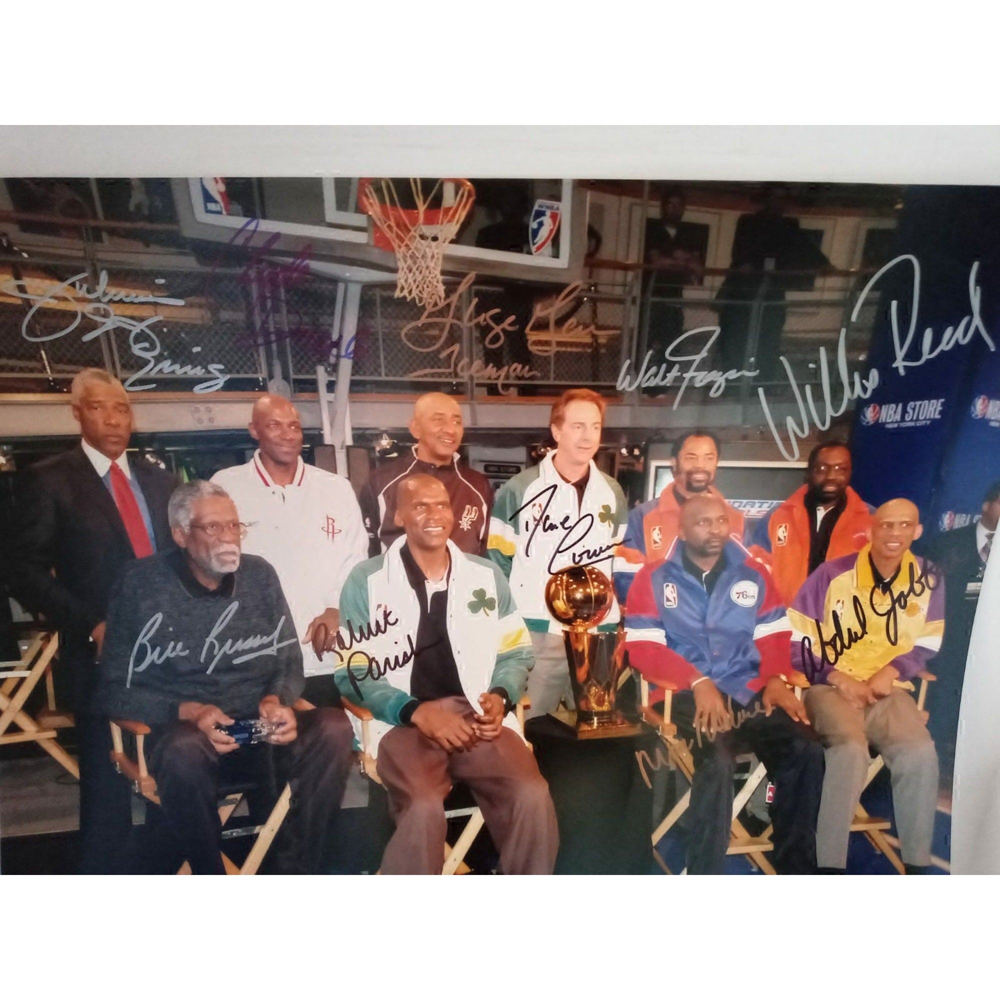 Julius Erving, Clyde Drexler, Kareem Abdul-Jabbar, Bill Russell, Moses Malone 16 x 20 photo signed with proof