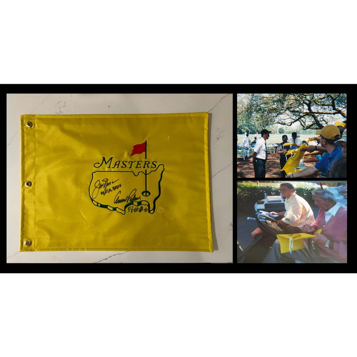 Arnold Palmer and Jack Nicklaus signed and inscribed Masters Golf pin flag with proof