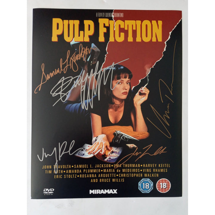 Pulp Fiction 11 by 14 photo Uma Thurman, John Travolta, Bruce Willis, Ving Rhame,s Samuel L. Jackson signed with proof - Awesome Artifacts 