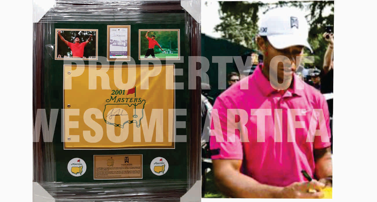 Tiger Woods 2001 Masters flag signed and framed with proof