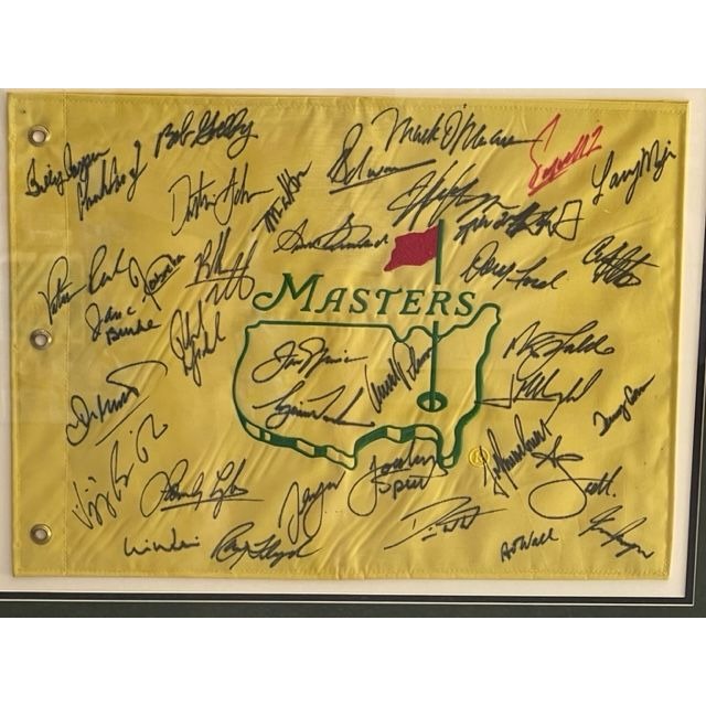 Masters Champions 35 in all with original Masters Tournament tickets signed Masters Flag and framed