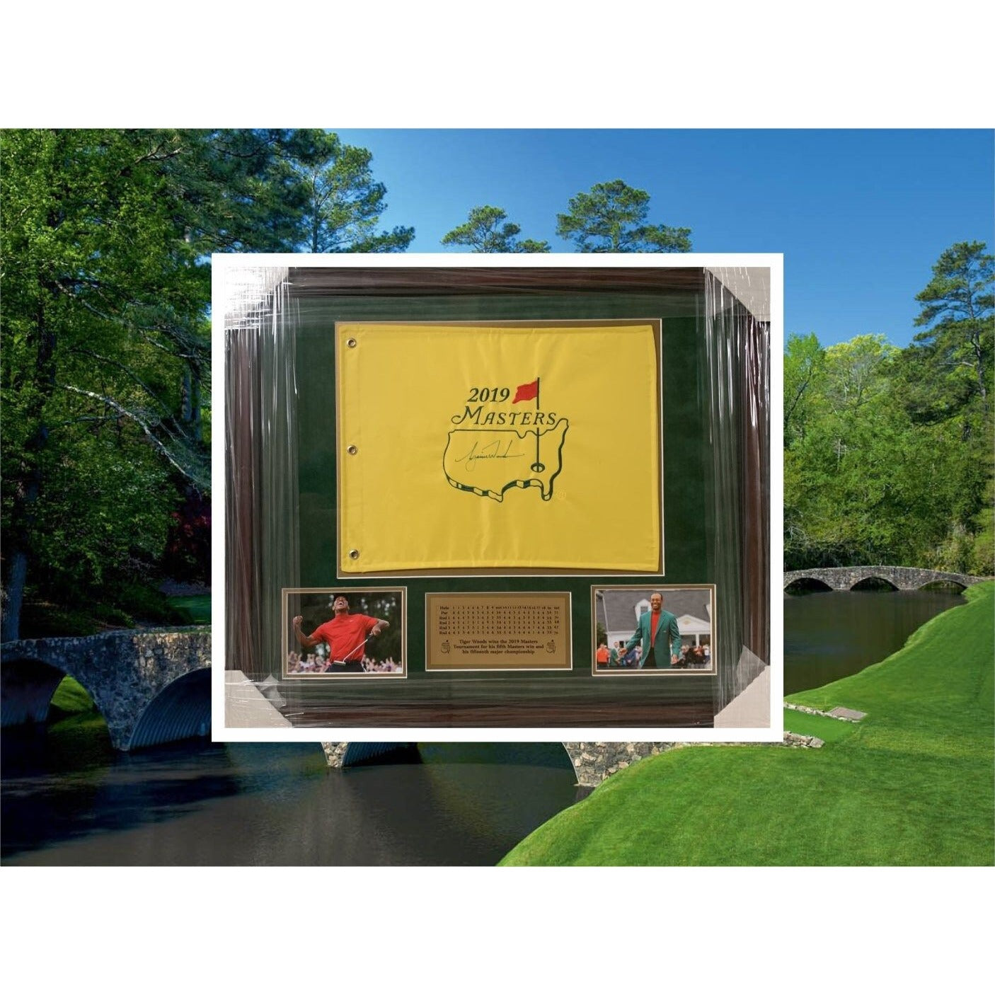 Tiger Woods 31x27 framed and signed 2019 Masters Golf pin flag signed with proof