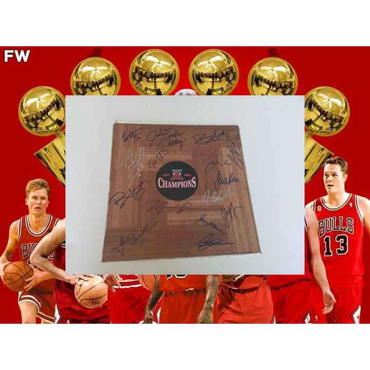 Chicago Bulls NBA champs team signed Michael Jordan Dennis Rodman Scottie Pippen 12 by 12 floor board