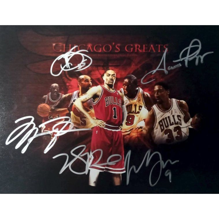 Michael Jordan Scottie Pippen Derrick Rose Luol Deng and Carlos Boozer 11 by 14 photo signed with proof - Awesome Artifacts 