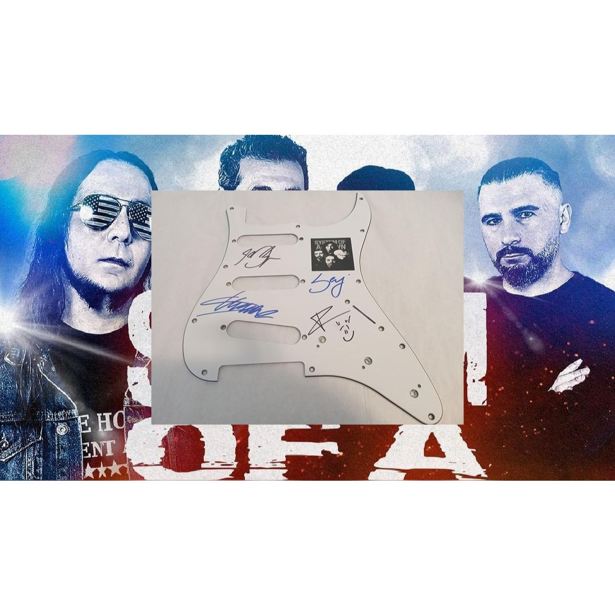 System of a Down Serj Tankian Daron Malakian Shavo Odadjian and John Dolmayan guitar pickguard signed with proof