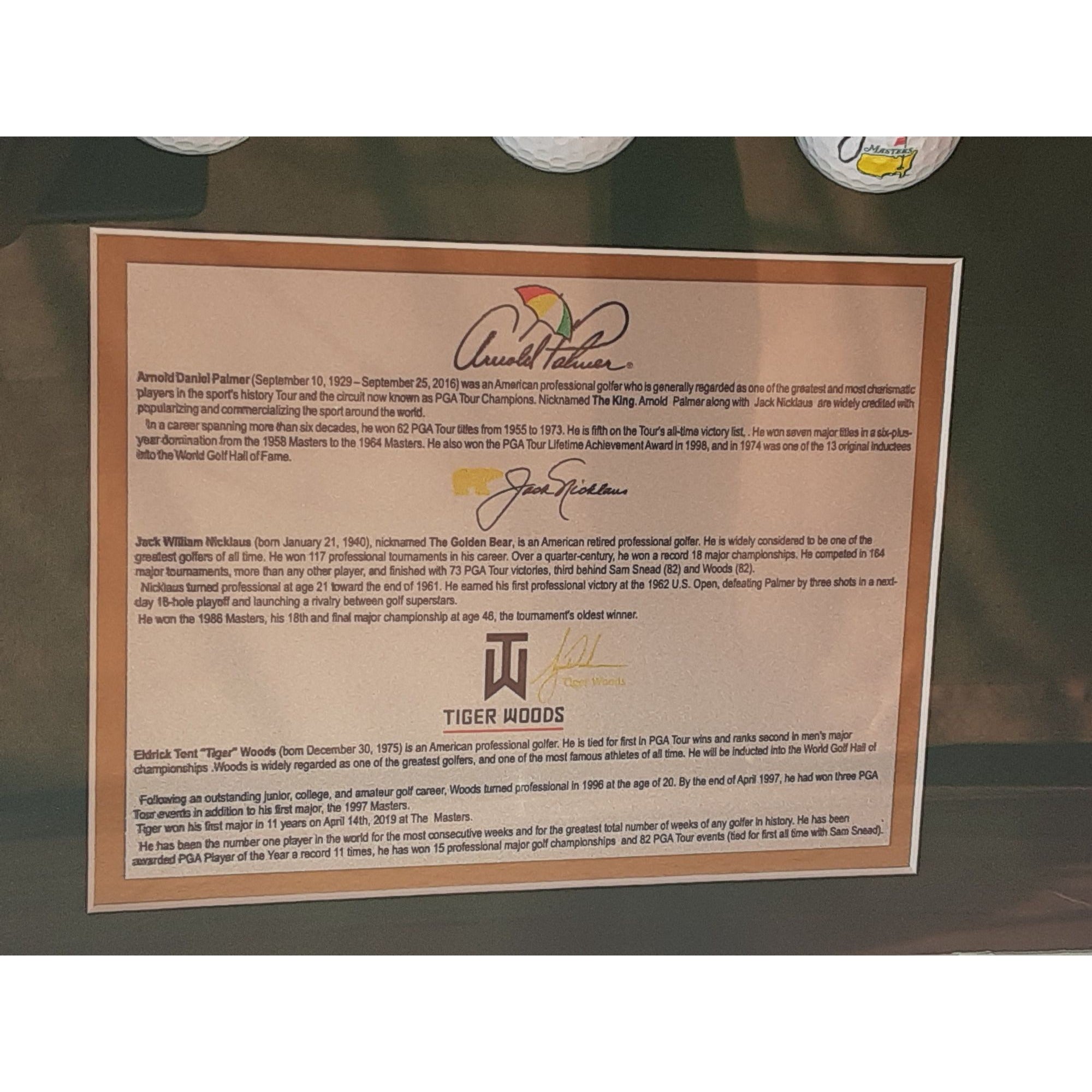 Tiger Woods Jack Nicklaus Arnold Palmer signed and framed golf balls with proof