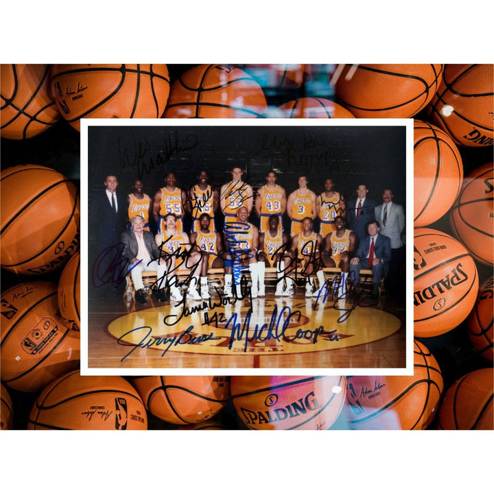 Los Angeles Lakers Pat Riley Earvin Magic Johnson James Worthy Kareem Abdul-Jabbar team signed 8 x 10 photo - Awesome Artifacts 