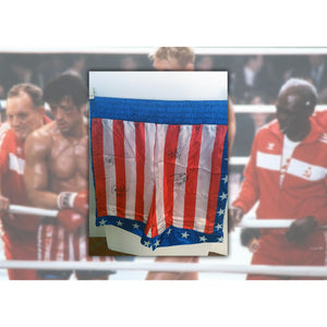 Sylvester Stallone, Talia Shire (Adrian), Carl Weathers (Apollo Creed), Dolph Lundgren (Ivan Drago) Rocky boxing signed with proof