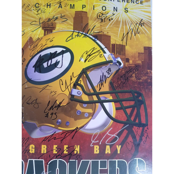 Aaron Rodgers Green Bay Packers 2009-10 Super Bowl champions team signed poster signed with proof