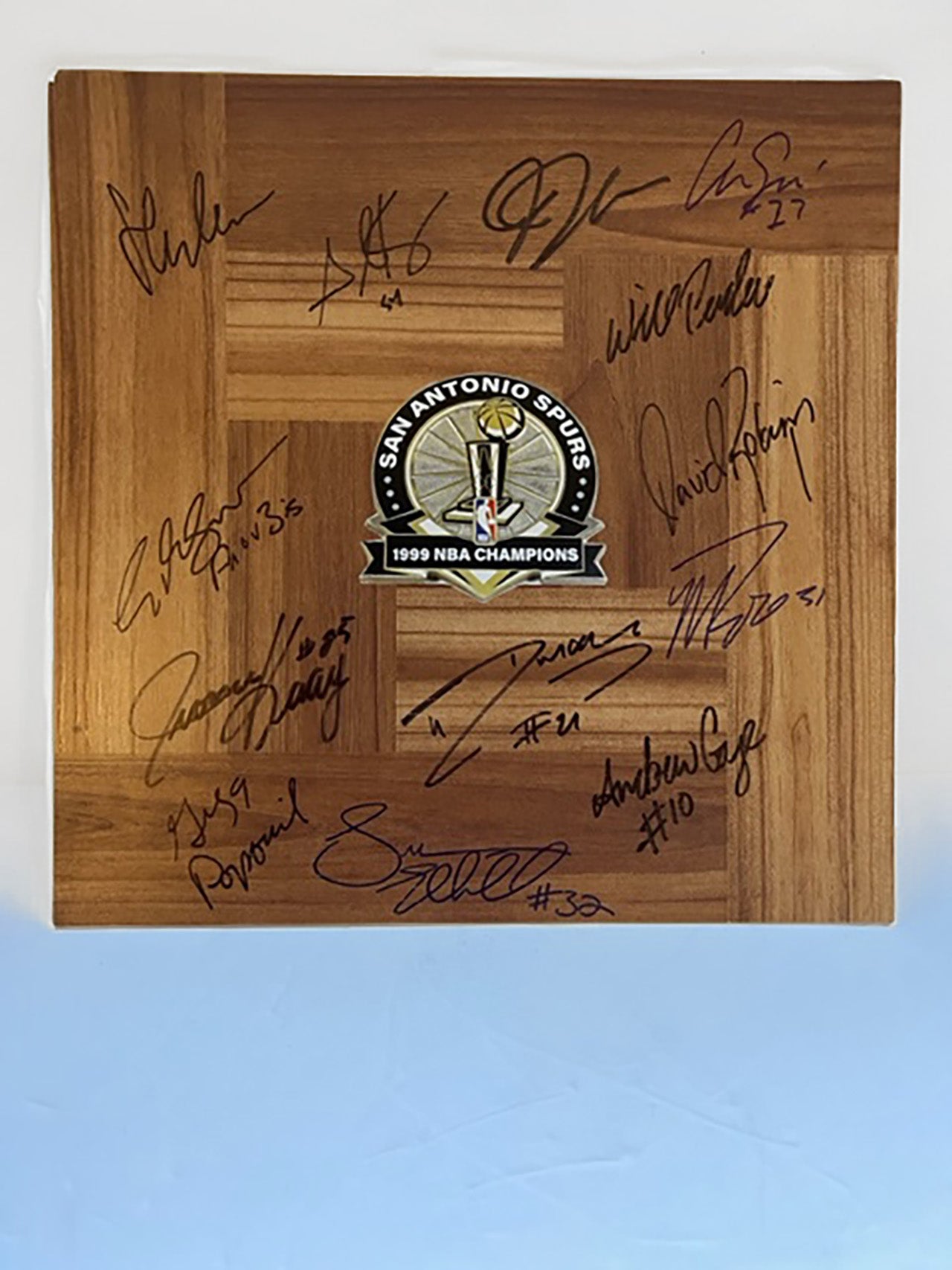 1998-1999 San Antonio Spurs David Robinson, Tim Duncan, Gregg Popovich 12x12 parquet wood floor team signed with proof