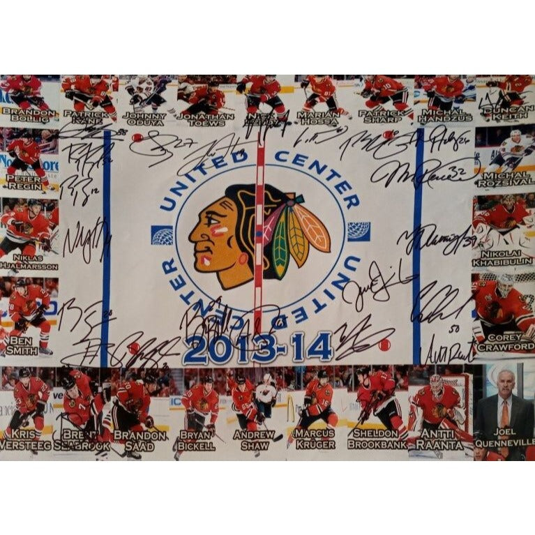 2013-14 Patrick Kane Patrick Sharp Corey Crawford Chicago Blackhawks team signed 16 x 20 photo