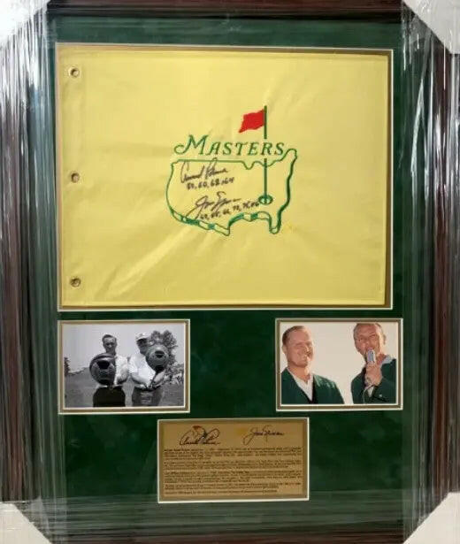 Arnold Palmer and Jack Nicklaus framed 32x26, and signed Masters Golf pin flag signed with proof