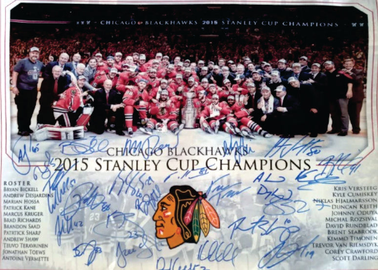 Chicago Blackhawks Team Patrick Sharp Patrick Kane Jonathan Toews 2014-15 Stanley Cup champion team signed 16 x 20 photo signed