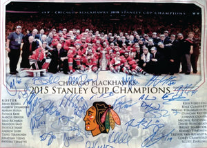 Chicago Blackhawks Team Patrick Sharp Patrick Kane Jonathan Toews 2014-15 Stanley Cup champion team signed 16 x 20 photo signed