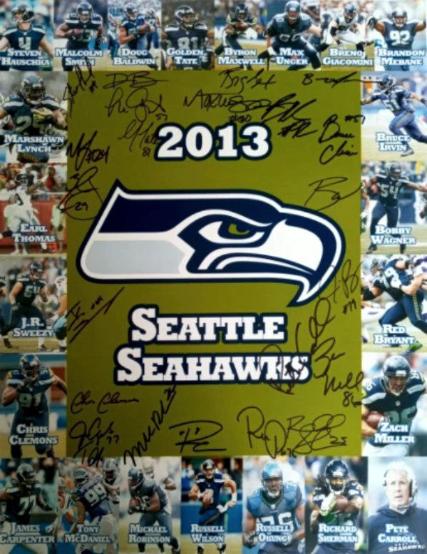 Pete Carroll Bobby Wagner Earl Thomas Doug Baldwin Seattle Seahawks 2013 14 SB Champs 16 x 20 photo signed with proof