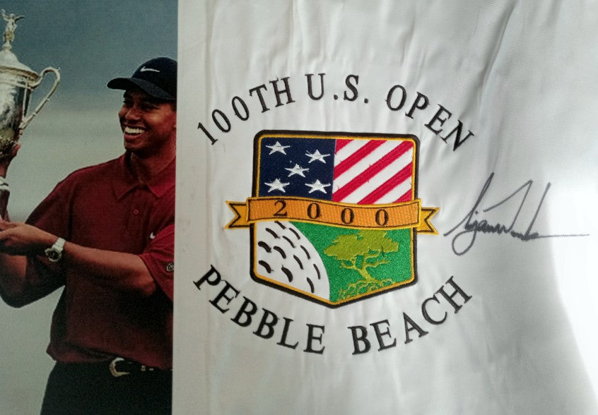 Tiger Woods 100th US Open one-of-a-kind golf embroidered pin flag signed with proof