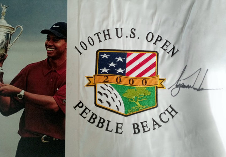 Tiger Woods 100th US Open one-of-a-kind golf embroidered pin flag signed with proof - Awesome Artifacts 