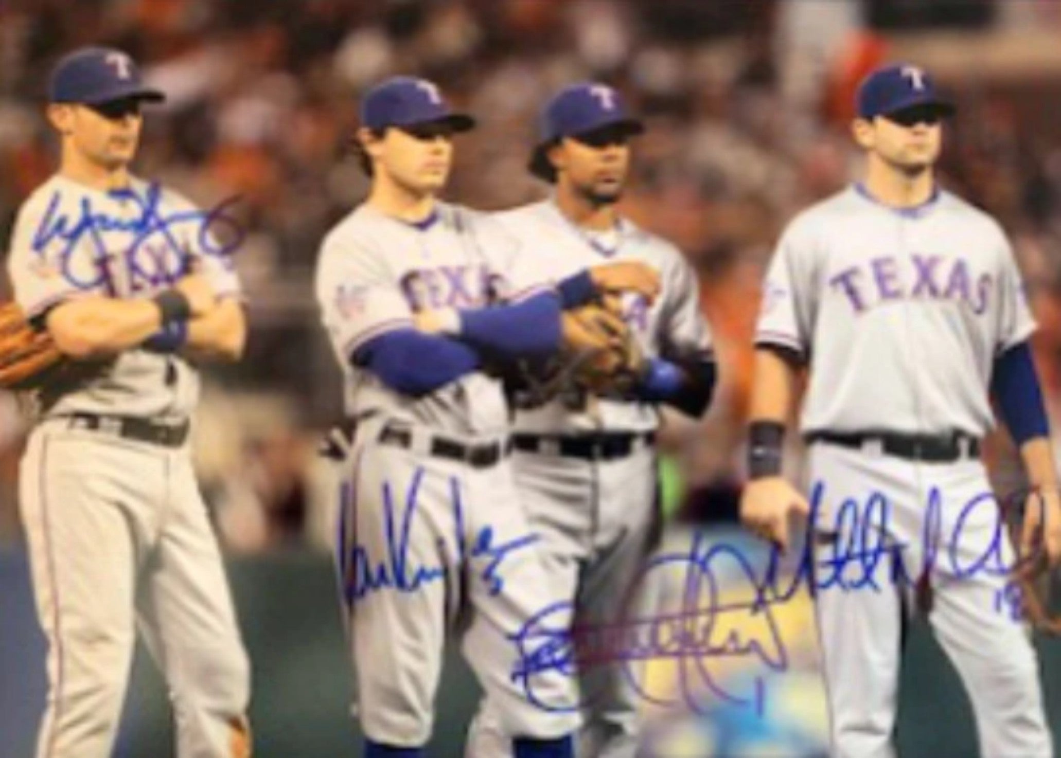 Michael Young Ian Kinsler Elvis Andrews Mitch Moreland Texas Rangers 8 x 10 photo signed