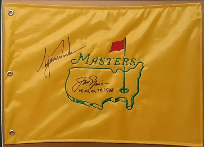 Jack Nicklaus and Tiger Woods Masters champions Golf flag signed and framed with proof 34 x 34