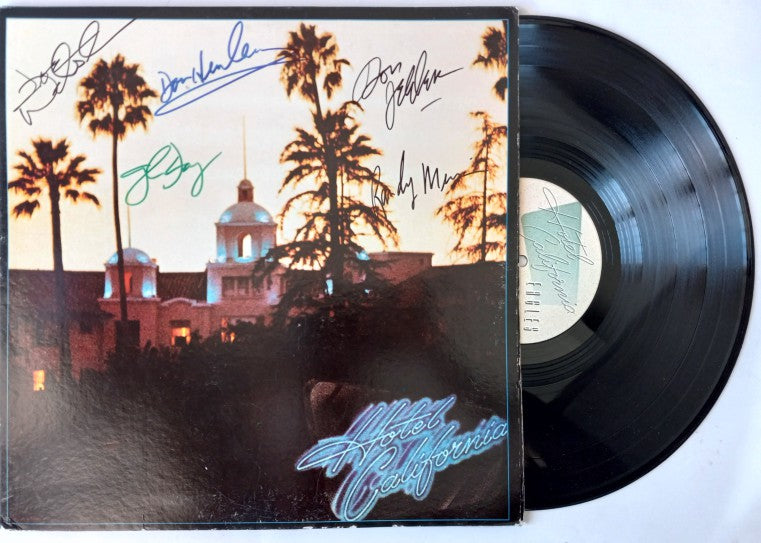 Don Henley and Glenn Frey, Joe Walsh, Don Felder, Randy Meisner, Hotel California LP signed with proof