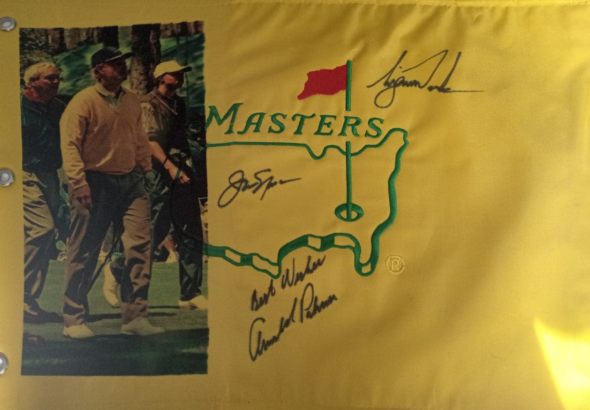 Jack Nicklaus Tiger Woods Arnold Palmer One of a Kind Masters pin flag signed with proof