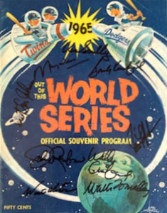 Walter O'Malley, Sandy Koufax, Vin Scully, Walt Alston 1965 World Series Program signed