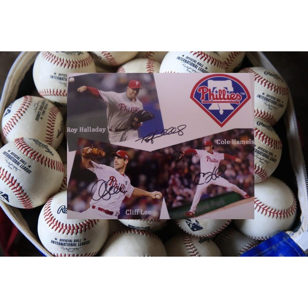 Roy Halladay Cole Hamels and Cliff Lee 8 by 10 signed photo - Awesome Artifacts 