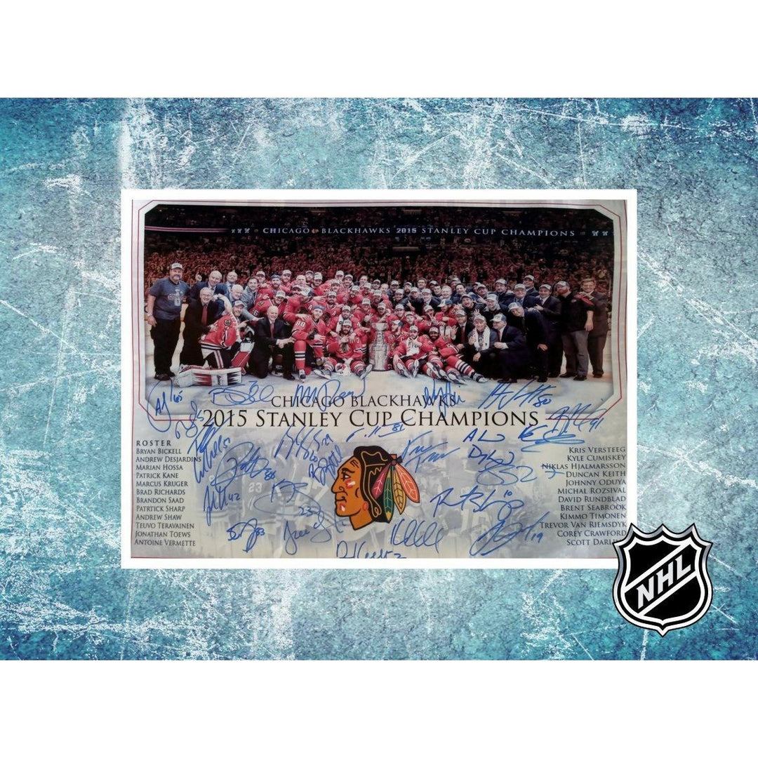 Patrick Kane Patrick Sharp Jonathan Toews Chicago Blackhawks 2014-15 Stanley Cup champion team signed 16 x 20 photo signed - Awesome Artifacts 