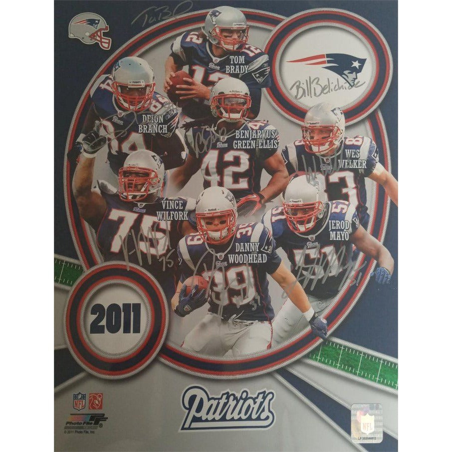 New England Patriots Tom Brady Deion Branch Wes Welker Bill Belichick Vince Wilfork 11 by 14 photo signed with proof - Awesome Artifacts 