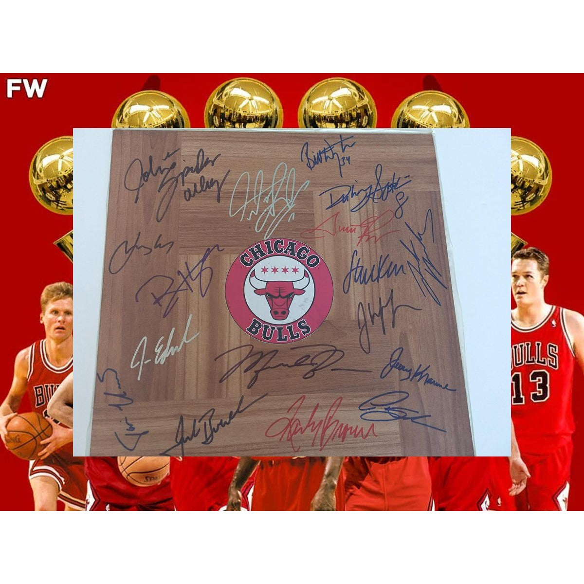 Chicago Bulls NBA champs team signed Michael Jordan Dennis Rodman Scottie Pippen 12 by 12 floor board