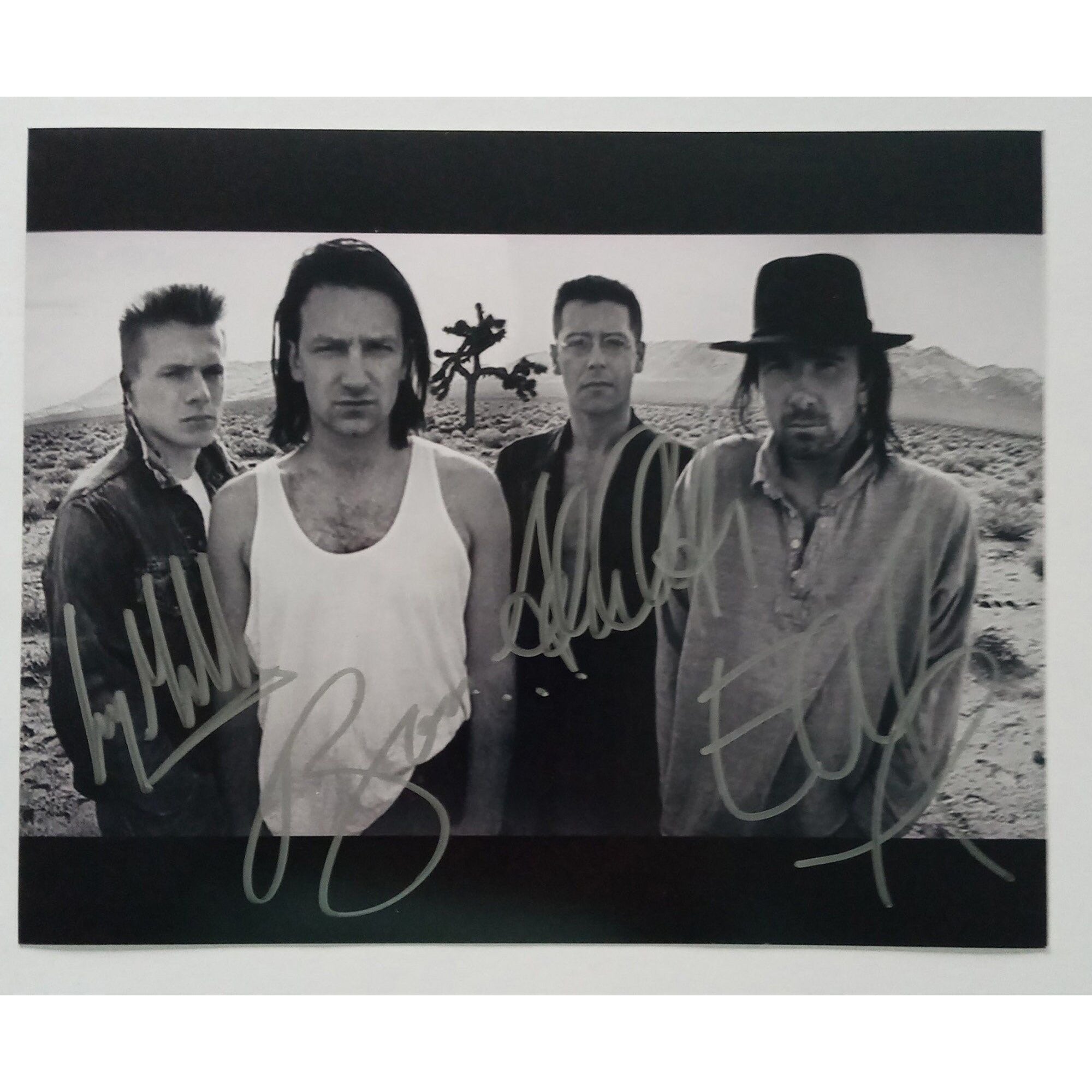 Paul Hewson  "Bono", "The Edge" David Howell Evans, Adam Clayton, Larry Mullen, 8x10 signed photo with proof