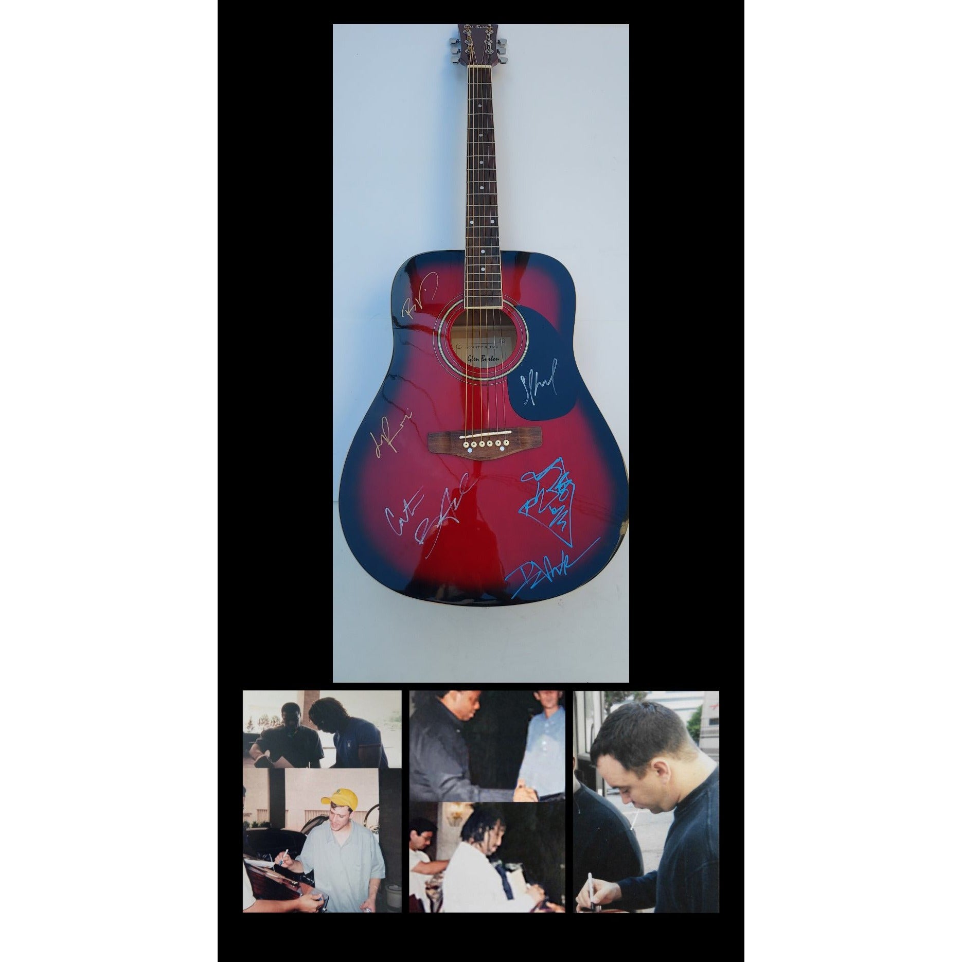 Dave Mathews, Le Roi Moore, Carter Beauford, Stefan Lessard, Boyd Tinsley acoustic full size guitar signed with proof