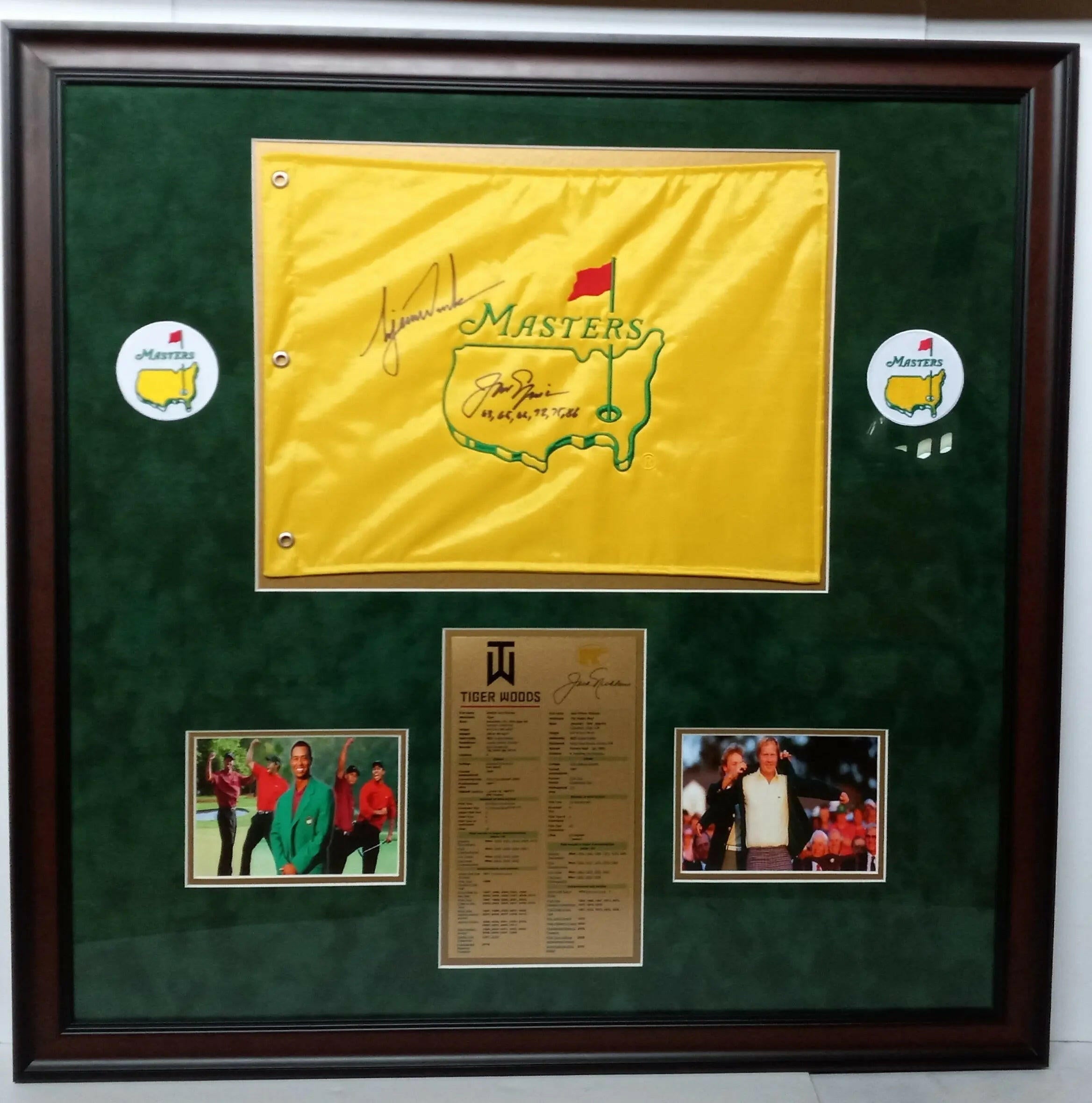 Jack Nicklaus and Tiger Woods Masters champions Golf flag signed and framed with proof 34 x 34