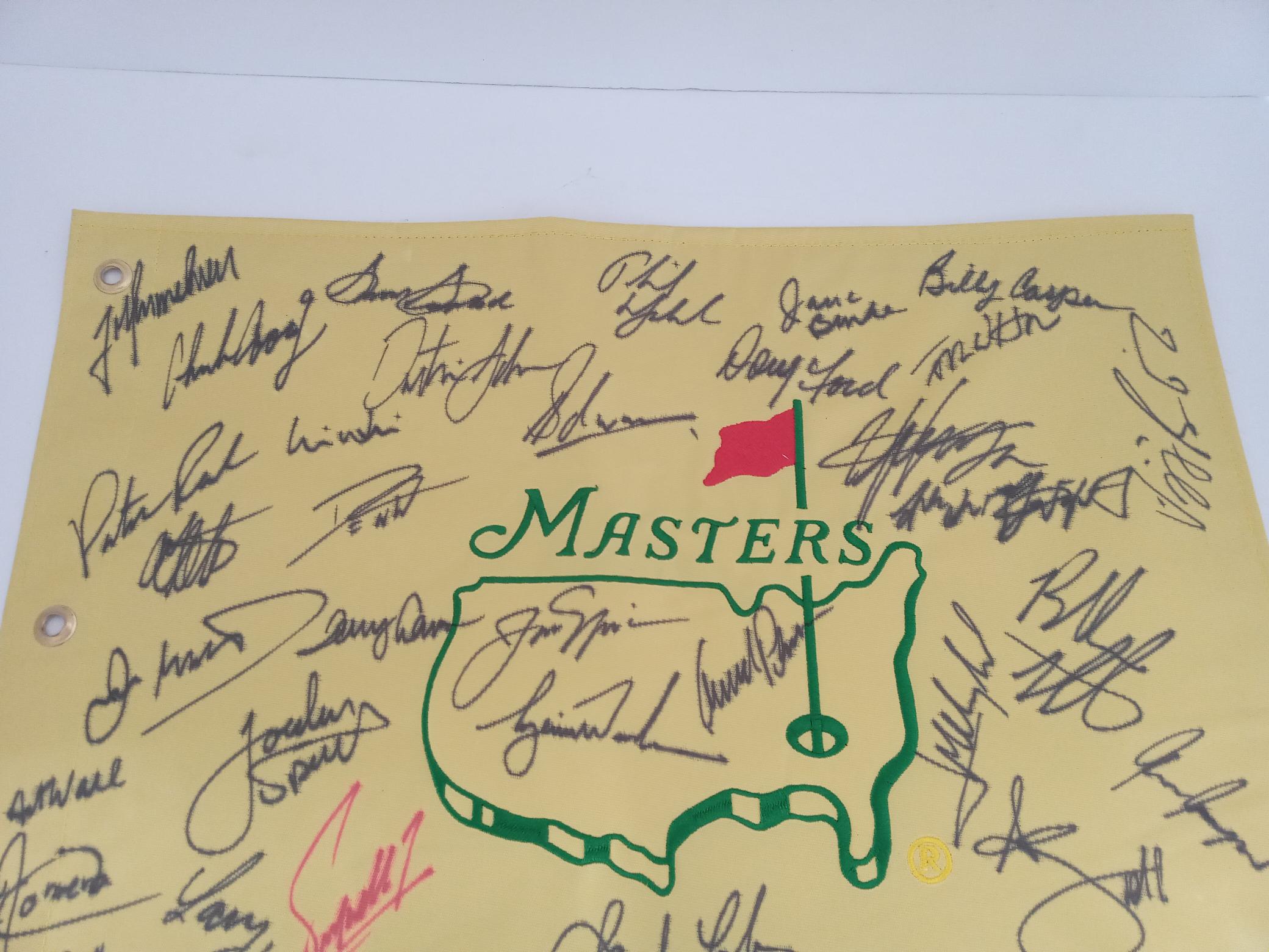 Tiger Woods, Jack Nicklaus, Arnold Palmer, Sam Snead, Masters champion signed golf flag with proof