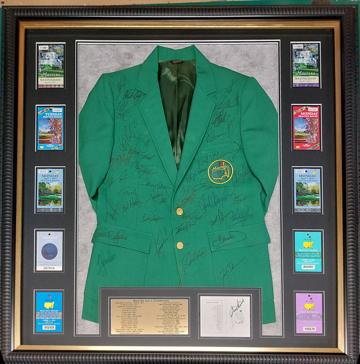 Masters Champions green jacket 40 in all Tiger Woods, Jack Nicklaus, Arnold Palmer, Sam Snead, Byron Nelson signed with proof and museum quality frame 43x43 with proof