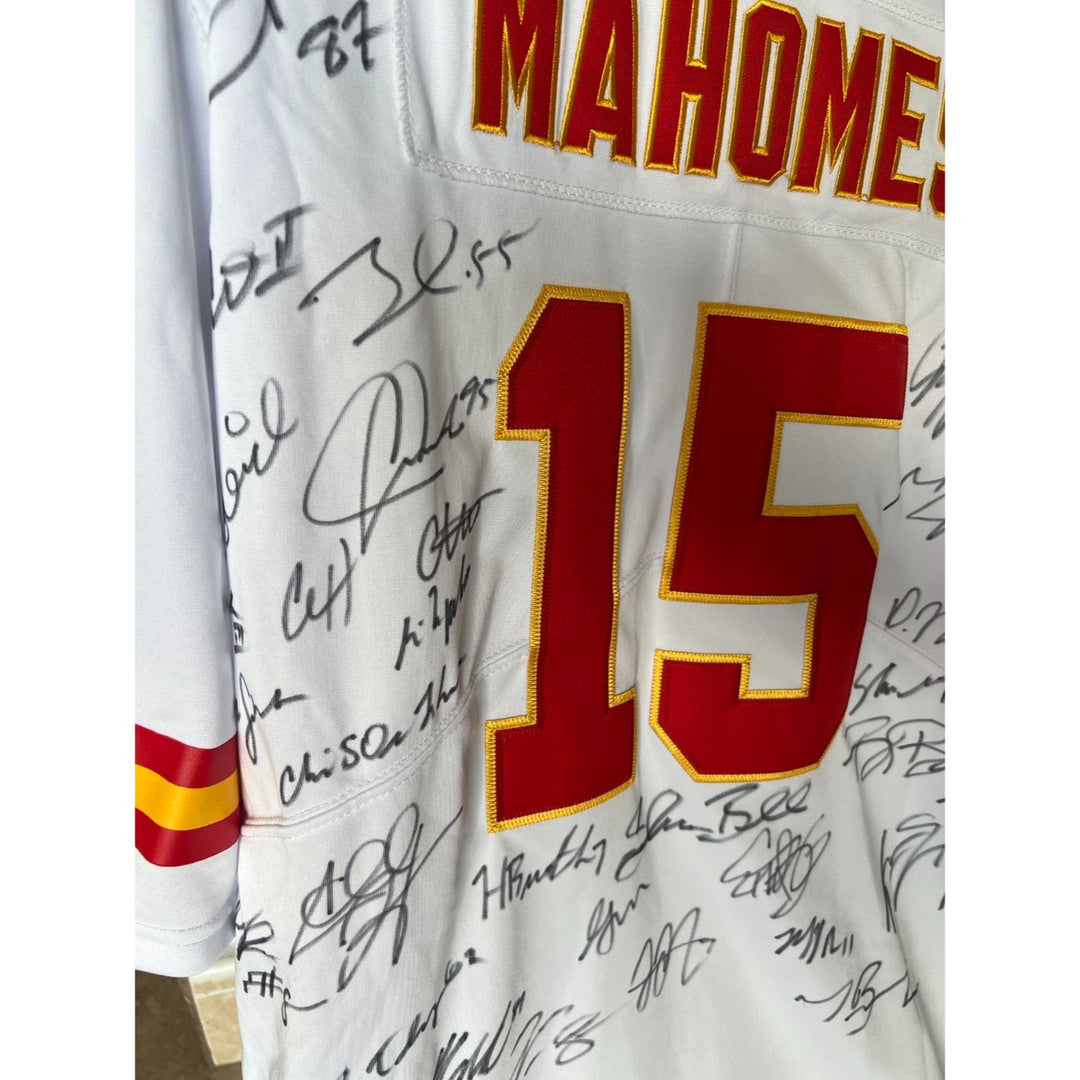 Patrick Mahomes Andy Reid Travis Kelce 2022-23 Kansas City Chiefs authentic Patrick Mahomes jersey signed with proof